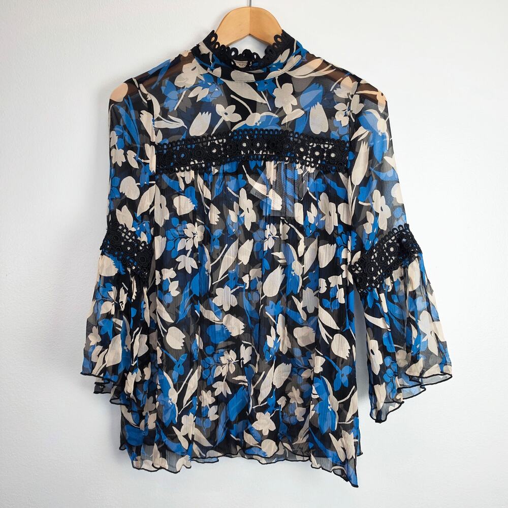 Anna Sui Blue Floral Sheer Chiffon Silk Bell Sleeve Blouse S NWT Whimsigoth Boho